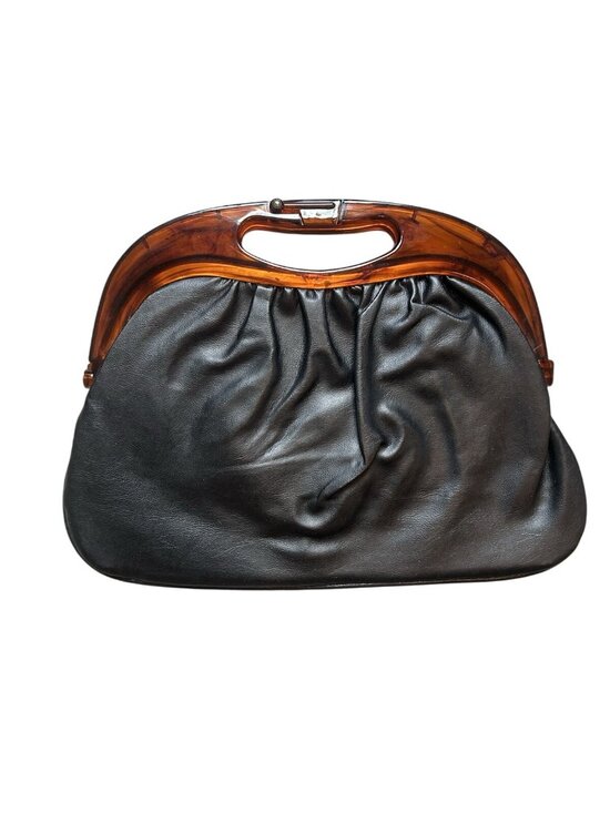 Unbranded Handbags - Vintage Black Leather Handbag Tortoiseshell Lucite Frame Clutch Purse Retro MCM